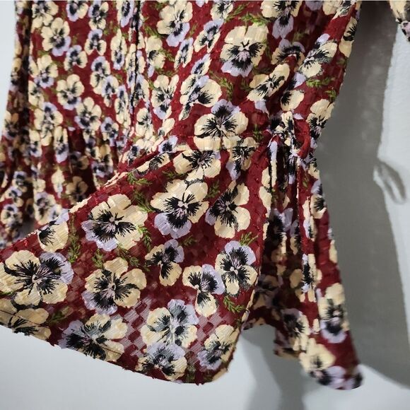 Pansy Floral Dusty Burgundy Viola Ruffle Drawstring Blouse - Picture 5 of 8